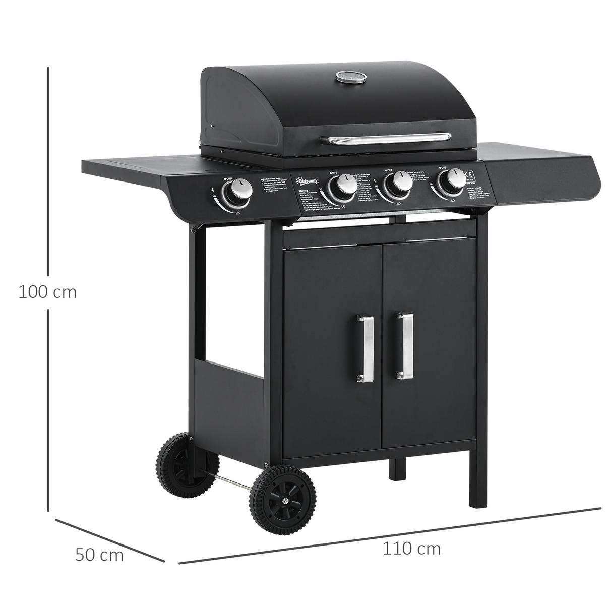 GASGRILL mit 3 Brennern 1 Seitenbrenner Stahl Schwarz 110 x 50 x 100 cm - Schwarz, Metall (50/100/110cm) - Outsunny