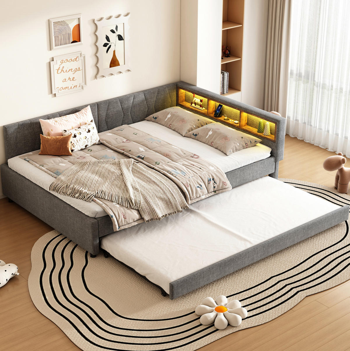 POLSTERBETT 140/200 cm Grau aus Leinen und MDF mit LED-Lichtleiste - Grau, Textil (140/200cm) - OKMYHOME
