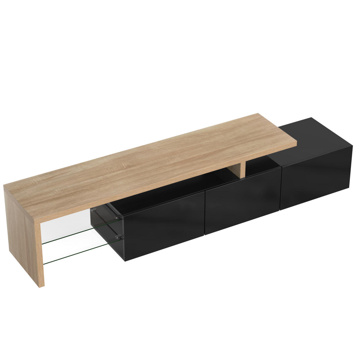 LOWBOARD 197,5/39/42 cm aus MDF und Glas mit 7-farbiger LED-Beleuchtung Schwarz/Natur - Naturfarben, Holzwerkstoff (197.5/42/39cm) - Modenvie
