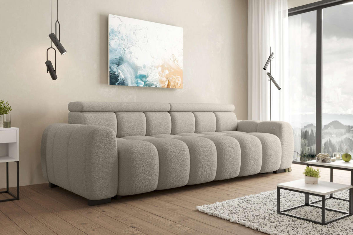 BIGSOFA ALESSIO Bouclé-Stoff Cappuccino mit elektrischer Sitztiefenverstellung - Cappuccino, Kunststoff/Textil (248/77/108cm) - 99rooms