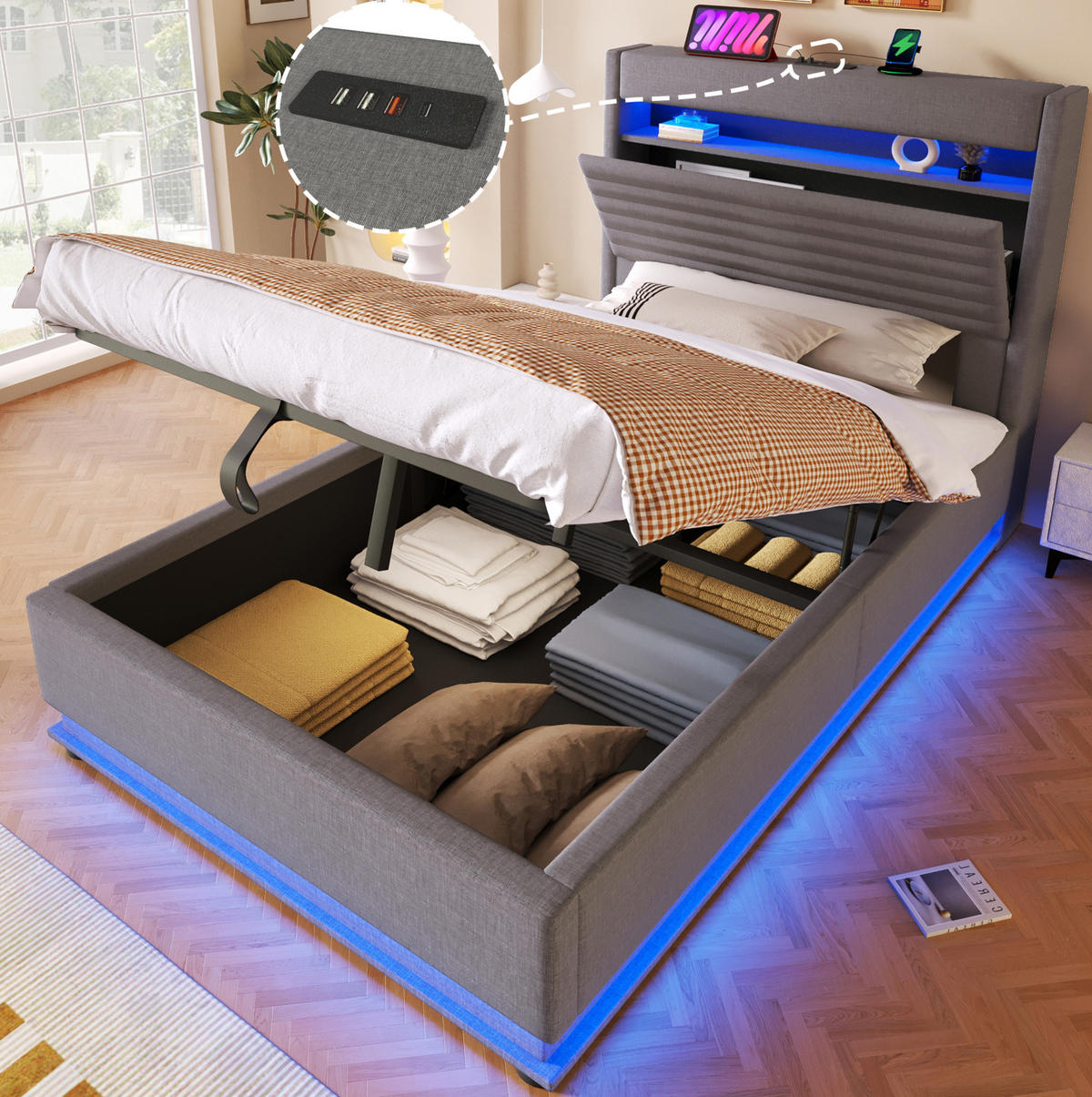 POLSTERBETT 90/200 cm mit LED-Beleuchtung, USB- und Typ-C-Anschluss, hydraulischem Stauraum und Ablage, Grau - Grau, Textil (90/200cm) - Redom