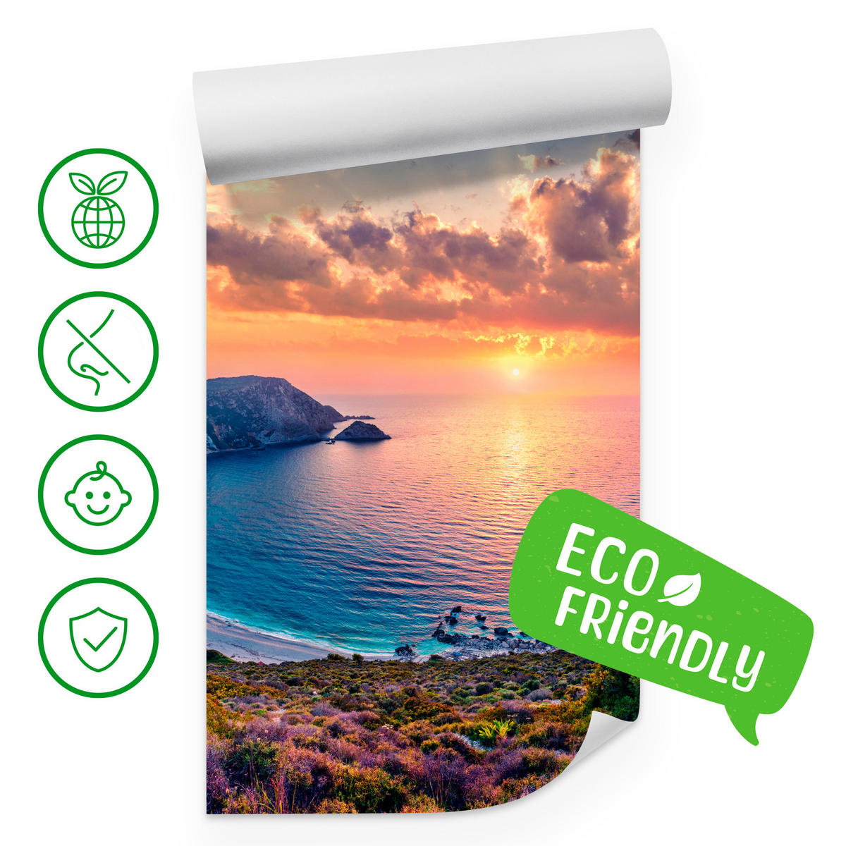 FOTOTAPETE Meer Blumen Sonnenuntergang Landschaft 3D 450x315 - Türkis/Blau, Papier (450/315cm) - Muralo