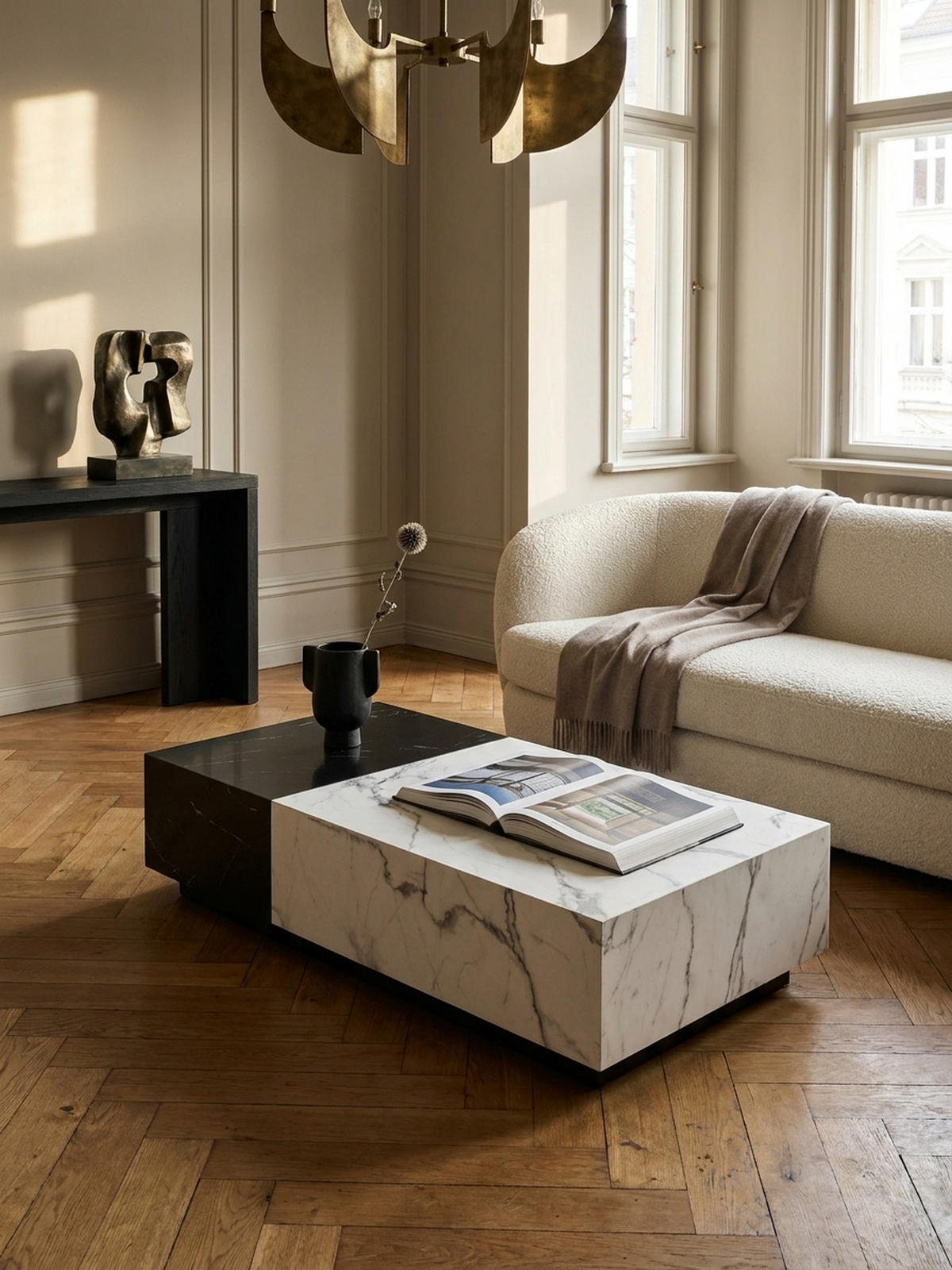 COUCHTISCH Weiß Schwarz Marmor-Optik 120x60x28 cm mit Schubladen und Stauraum - Schwarz/Weiß, Holzwerkstoff (60/120/28cm) - KADIMA DESIGN