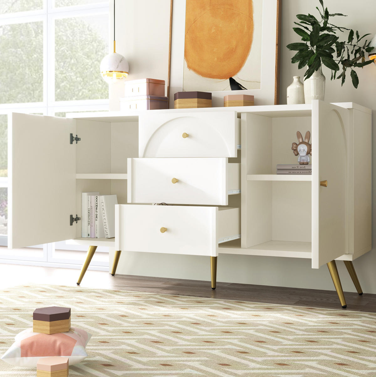 KOMMODE 140/40/84 cm aus Holz und Metall mit verstellbarem Einlegeboden Creme-Weiß - Weiß, Holz (140/40/84cm) - Modenvie