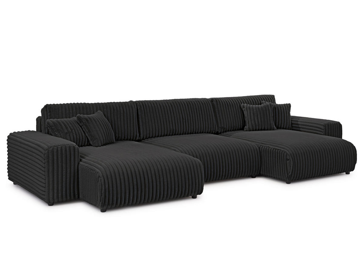 WOHNLANDSCHAFT Mollis Dunkelgrau Plüschcord mit Schlaffunktion - Dunkelgrau/Schwarz, Holz/Kunststoff (350/77/168cm) - S-Style Möbel