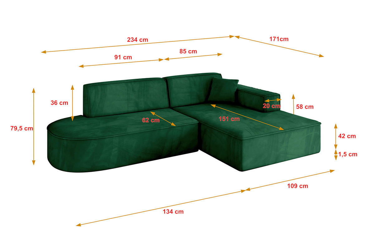 ECKSOFA Ottomane Rechts IREA-L1-v4 - 234x171x79 cm Grün - Grün, Holzwerkstoff/Textil (171/234cm) - ALTDECOR