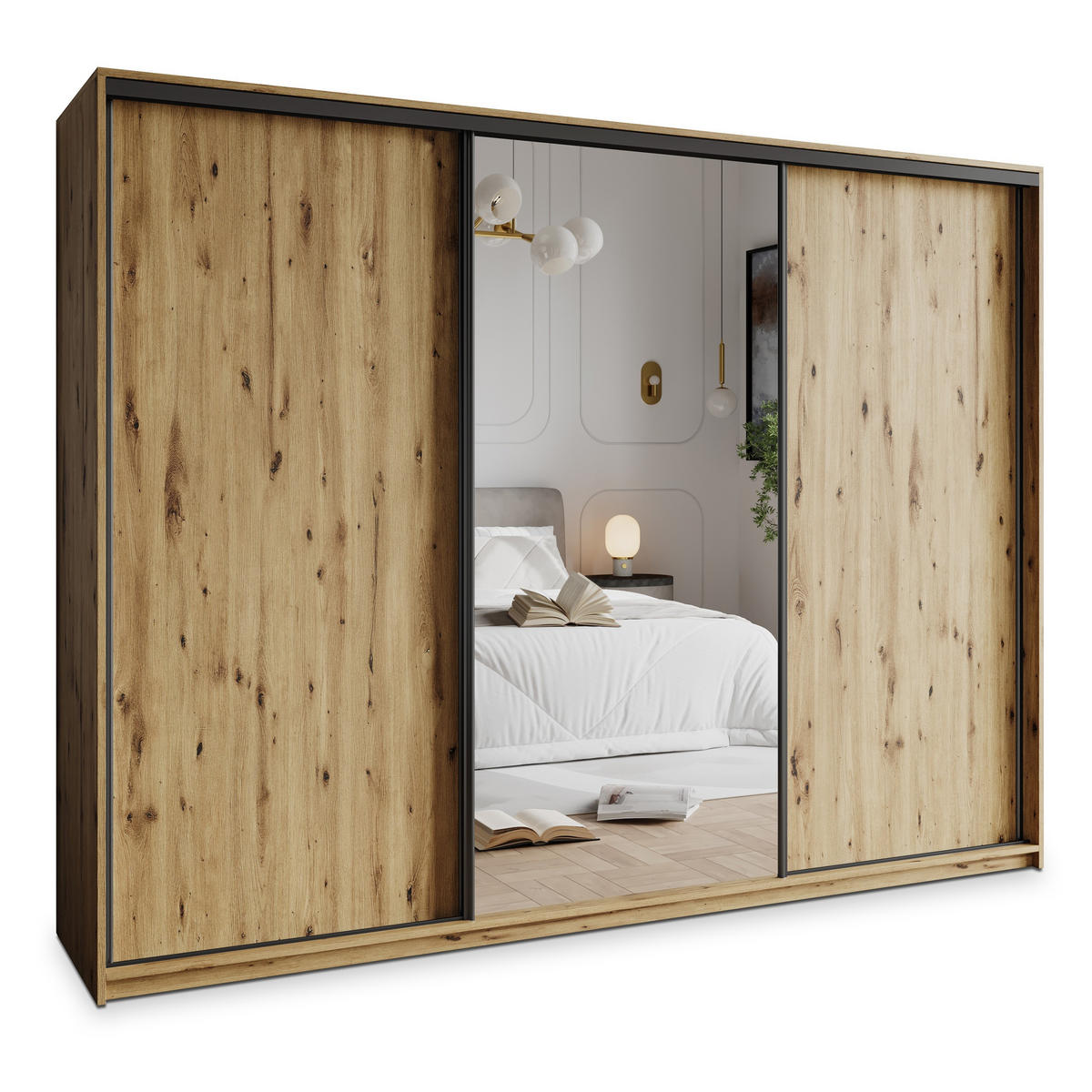 SCHWEBETÜRENSCHRANK TAVI 250/205/60 cm 3-türig mit Spiegel und Schubladen Eiche Artisan - Schwarz/Eiche Artisan, Holzwerkstoff (250/205/60cm) - MASSENO
