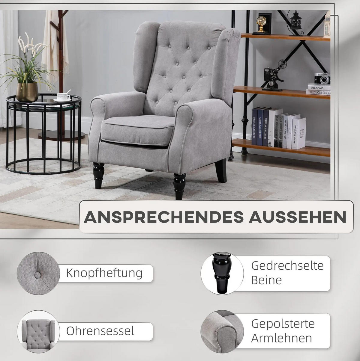 KŘESLO 86/74/102 cm šedé z polyesteru s vysokým opěradlem a knoflíkovým prošíváním - šedá, textil (86/102/74cm) - OKWISH