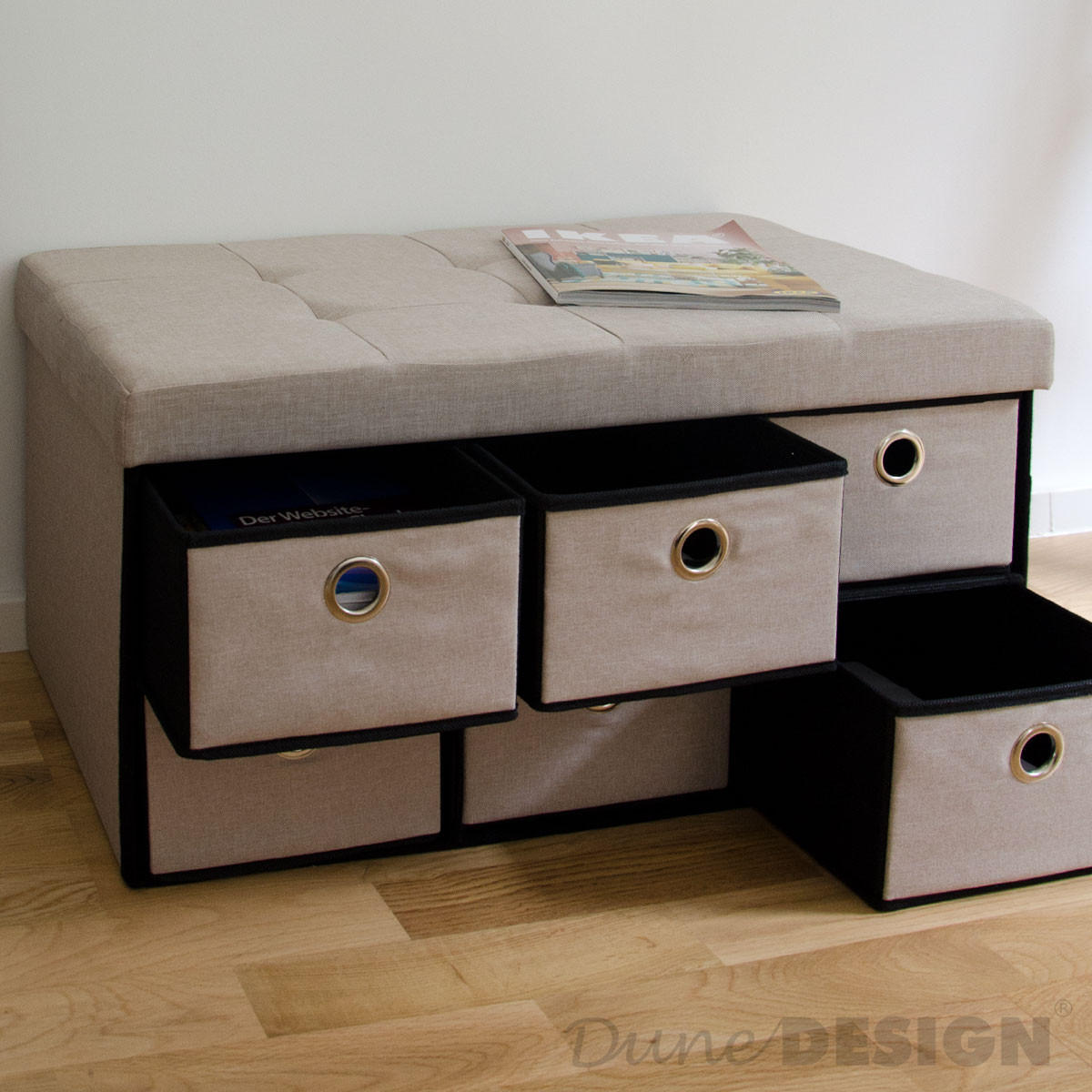 SITZBANK Faltbar, 76/38/38 cm, mit 6 Schubladen, 80 Liter, Beige-Grau - Grau, Textil (38/38/76cm) - Dunedesign
