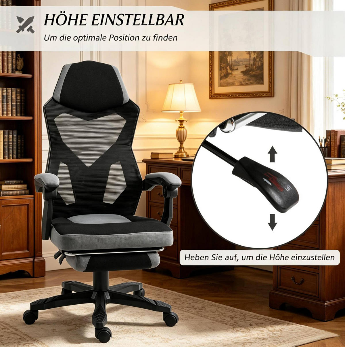 GAMING-BÜROSTUHL in Schwarz-Grau 63x58x122 cm mit verstellbarer Sitzhöhe und klappbarer Fußstütze - Schwarz, Kunststoff (58/122/63cm) - IVMEU