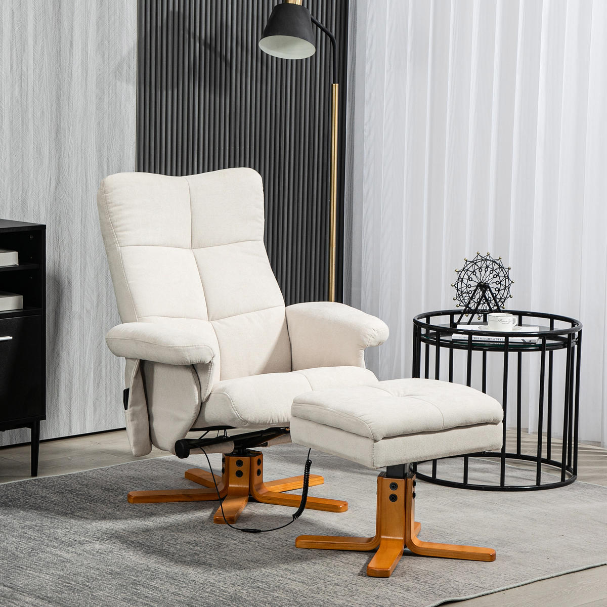 RELAXSESSEL Massagesessel mit Hocker Fernsehsessel mit Liegefunktion Cremeweiß - Creme/Braun, Holz/Textil (86/99/80cm) - HOMCOM