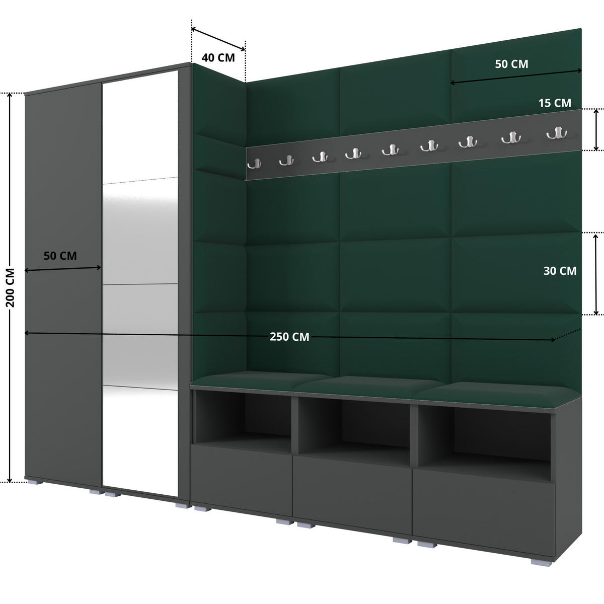 GARDEROBE NELA VII 250 cm (Modulare Flurmöbel XL Graphit mit Spiegel & Sitzpolster Flaschengrün 28 Universell) - Dunkelgrün/Silberfarben, Holz/Holzwerkstoff (250/187/40cm) - Ravio