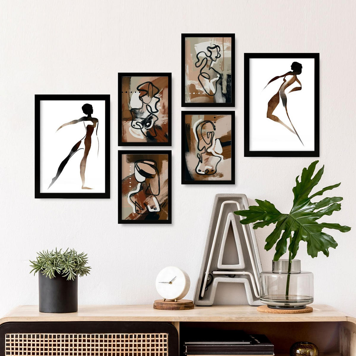 POSTER Set Mit 6 Weibliche Körpertugend Abstrakt Größe A3 & A4 Schwarzer Rahmen - Schwarz, Papier (29.7/1cm) - Nacnic
