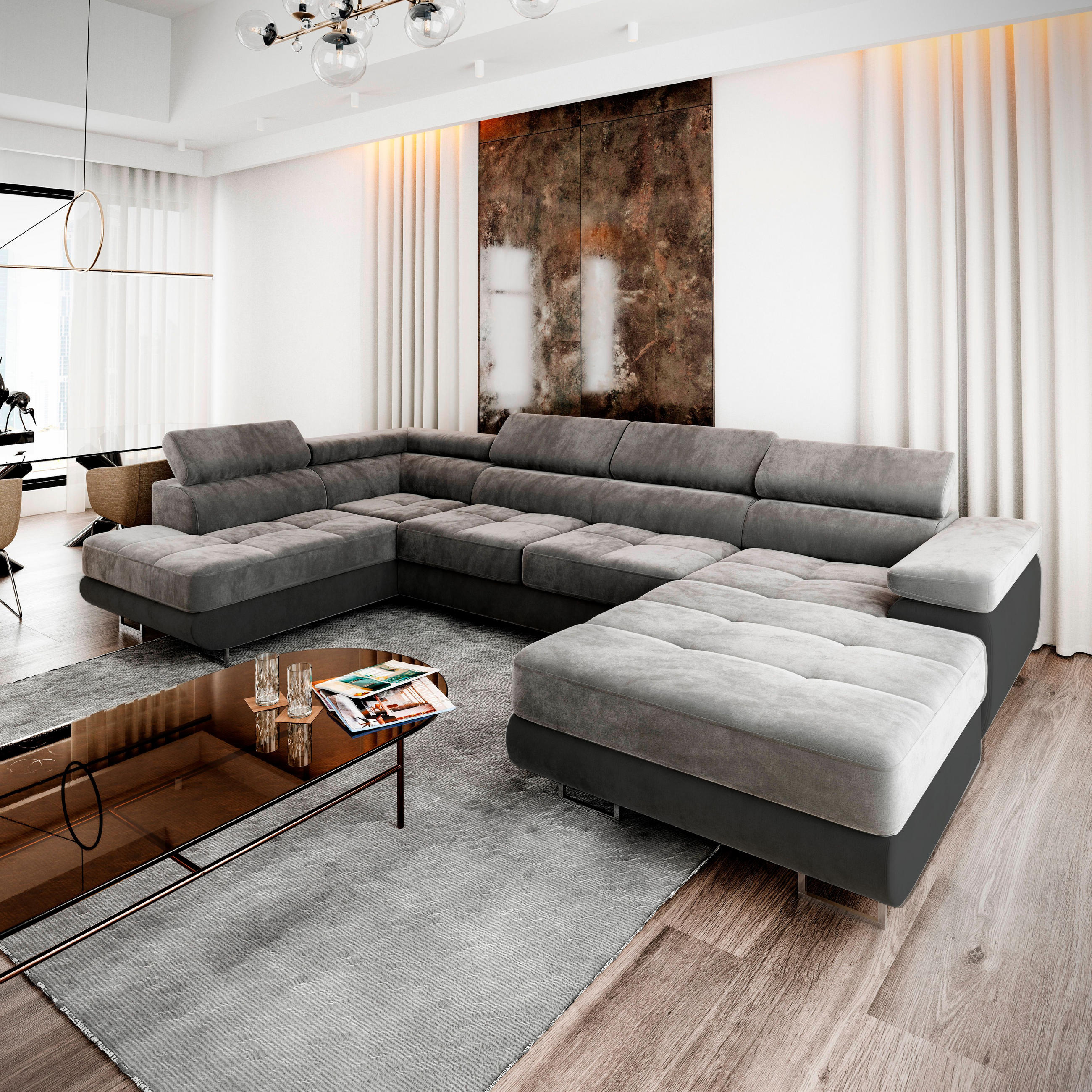 WOHNLANDSCHAFT CASONE L-S Hellgrau Velours-Stoff mit Schlaffunktion - Hellgrau, Holz (345/90/202cm) - MASSENO