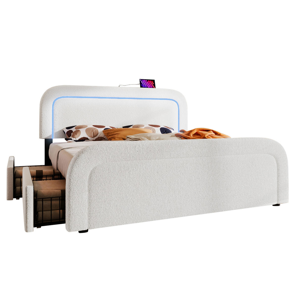 POLSTERBETT mit Matratze 140/200 cm aus Sherpa mit USB-C, LED und 4 Schubladen Weiß - Weiß, Fell (140/200cm) - Modenvie