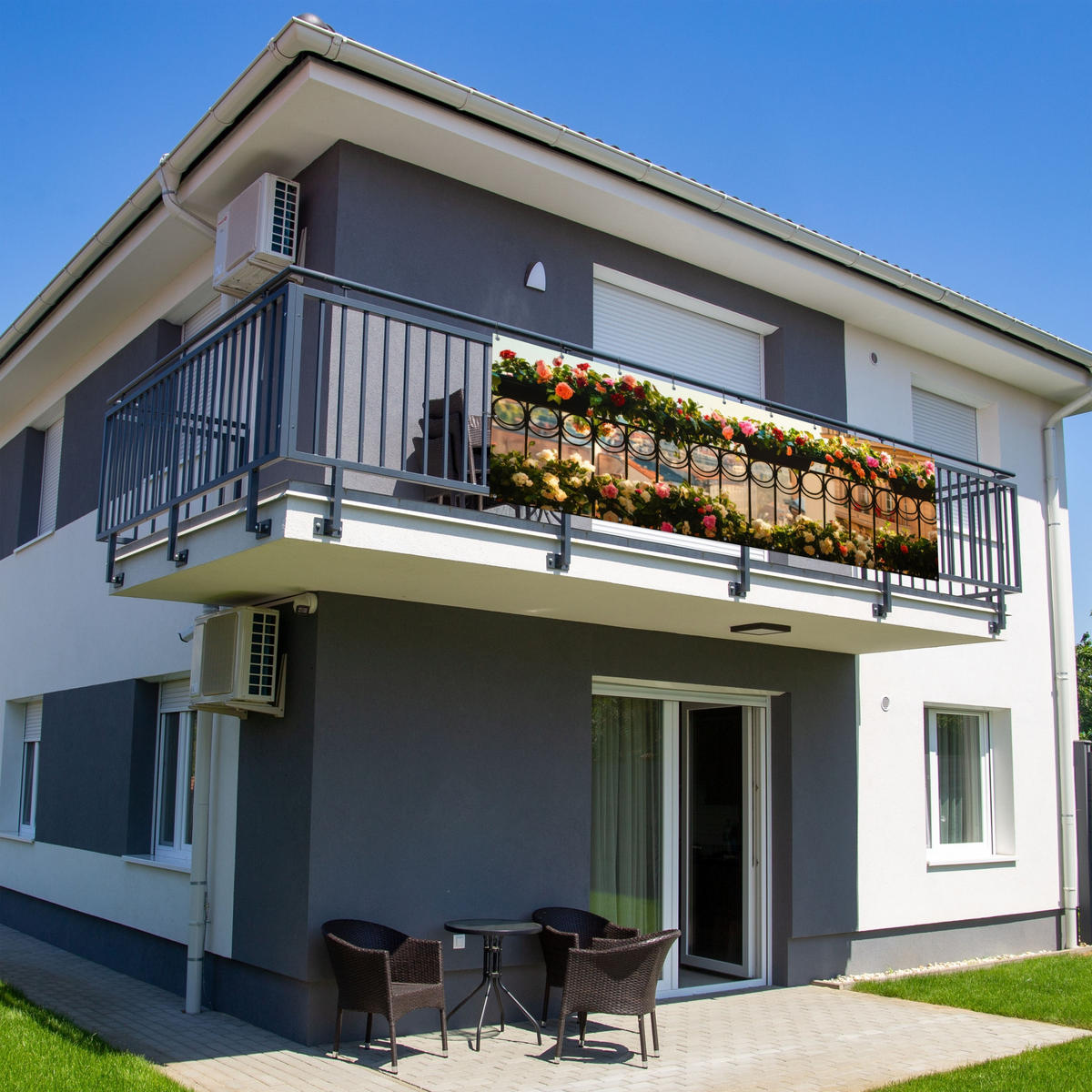 BALKON-SICHTSCHUTZ Blumen - Zaun - Stadtbild - Sommer - Pink, Kunststoff (300/90cm) - MuchoWow