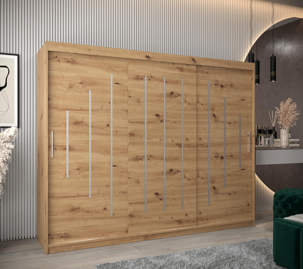 SCHWEBETÜRENSCHRANK 200/250/62 3-türig - Silberfarben/Eiche Artisan, Holz/Kunststoff (250/200/62cm) - Abiks Möbel
