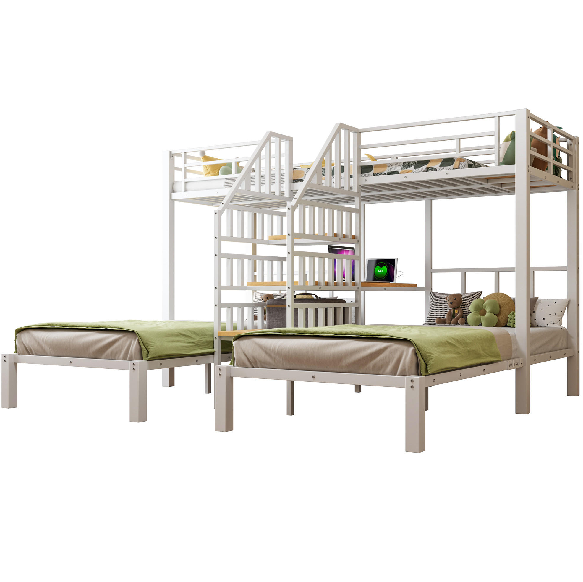 ETAGENBETT 90/200 cm in Weiß mit LED-Beleuchtung und Schreibtisch - Weiß, Metall (90/200cm) - OKMYHOME
