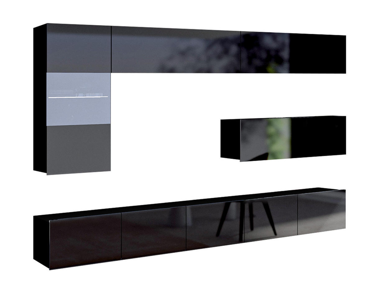 WOHNWAND Kossana 4 Modern Schwarz 255/142/43 cm Schrankwand - Schwarz, Holzwerkstoff/Kunststoff (255/142/43cm) - AX Living