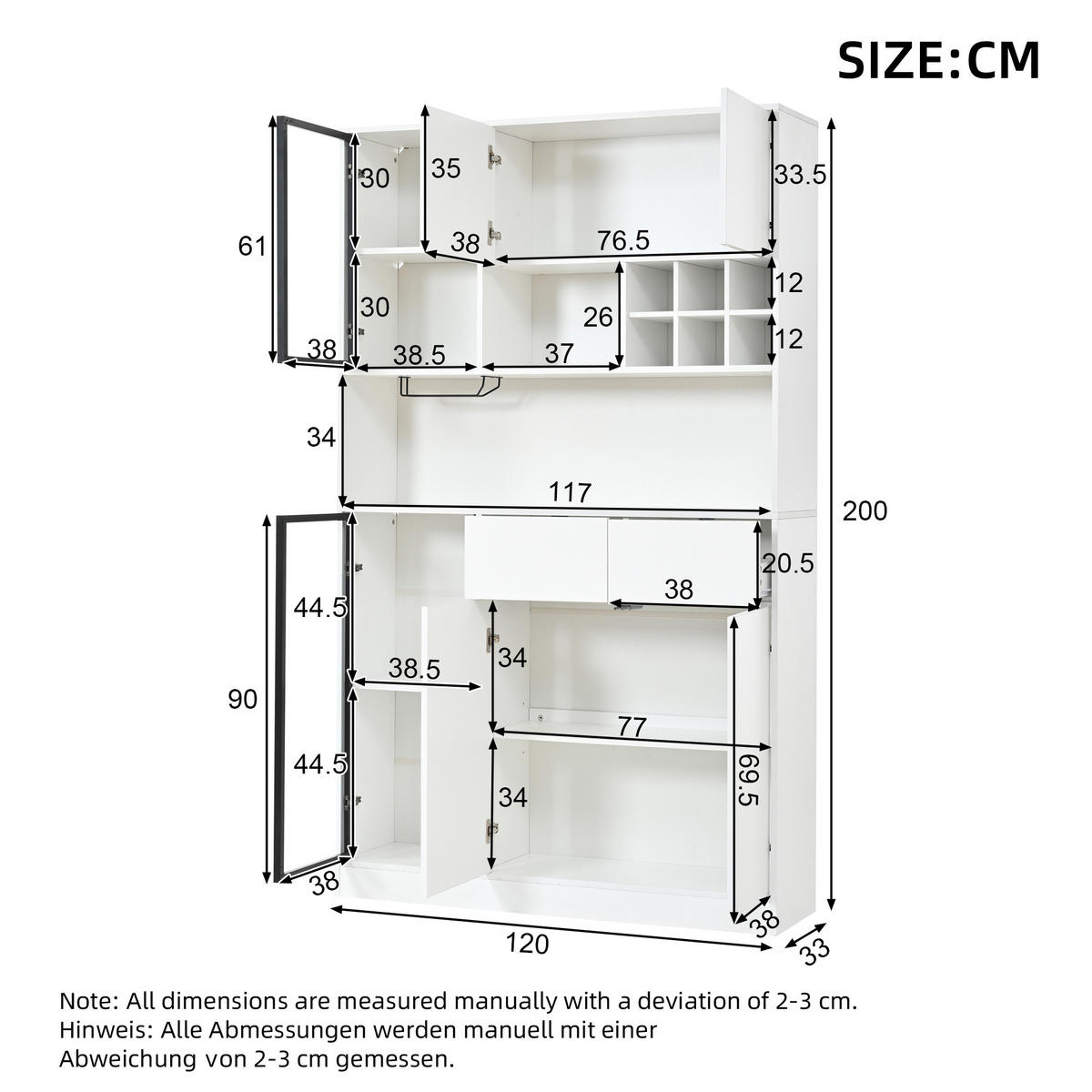 HOCHSCHRANK 120x33x200 cm mit 6 Türen, 2 Schubladen und LED - Weiß, Holzwerkstoff (120/200/33cm) - FLIEKS