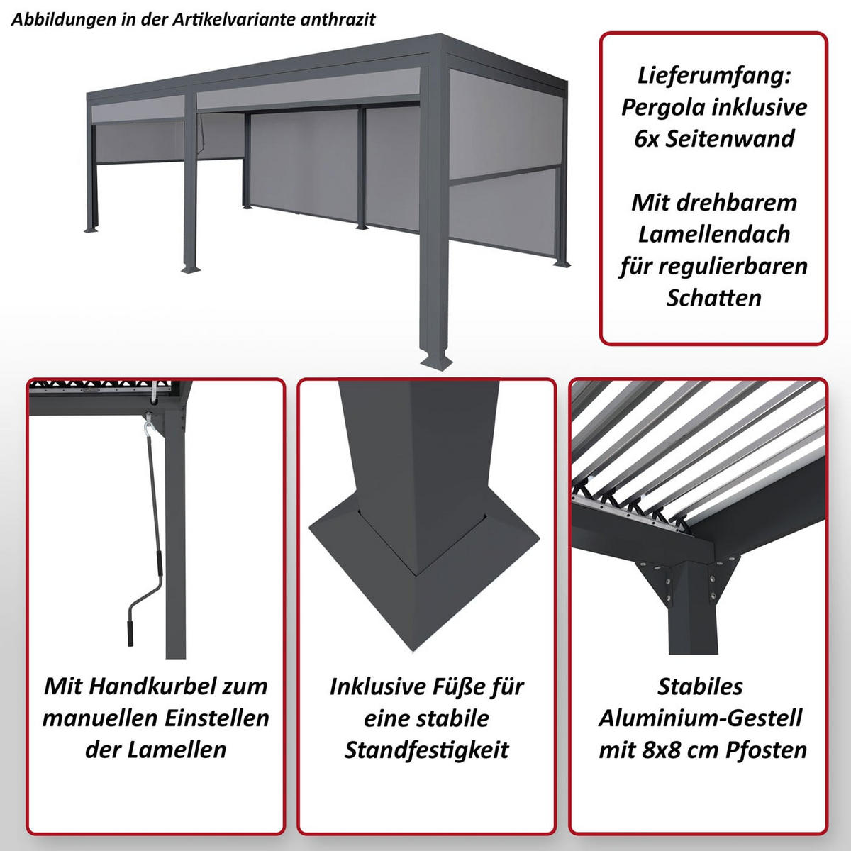 PERGOLA 6x Seitenwand für 3x6m 224x600x300cm Anthrazit - Anthrazit, Metall (600/224/300cm) - BERLINLODGE