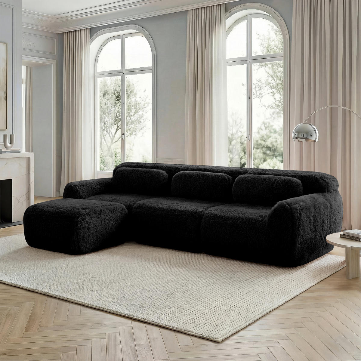 3-SITZER Sofa 291x179x73 cm aus Plüschstoff rahmenlos modular mit Ottoman, schwarz - Schwarz, Textil (179/73/291cm)