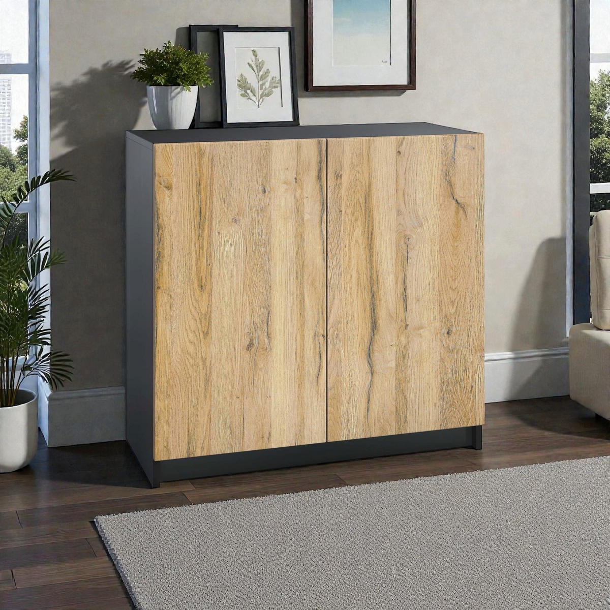 KOMMODE Elona, Büroschrank mit Soft-Close & Push-to-Open, Aktenschrank, Home Office & Büro, Schwarz/Eiche Natur (82 x 78 x 37 cm) - Eiche Wotan, Holzwerkstoff (82/78/37cm) - InnoFurn