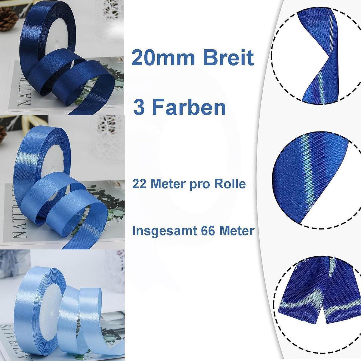 GESCHENKBAND 3er Set Blau 66 m x 20 mm - Multicolor, Textil (2/0.1/2199.9cm)