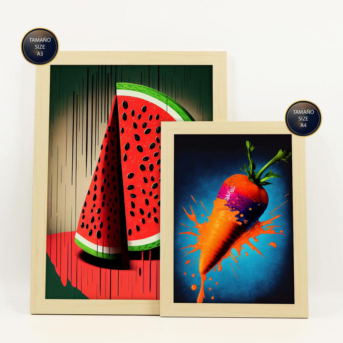 POSTER Set Mit 6 Ausgewogene Ernährung Vollfarbige Plakate Von Obst, Gemüse & Gesunden Lebensmitteln Im Urban Art Stil A3 & A4 Rahmen Aus Hellem Holz - Beige, Papier (29/3cm) - Nacnic