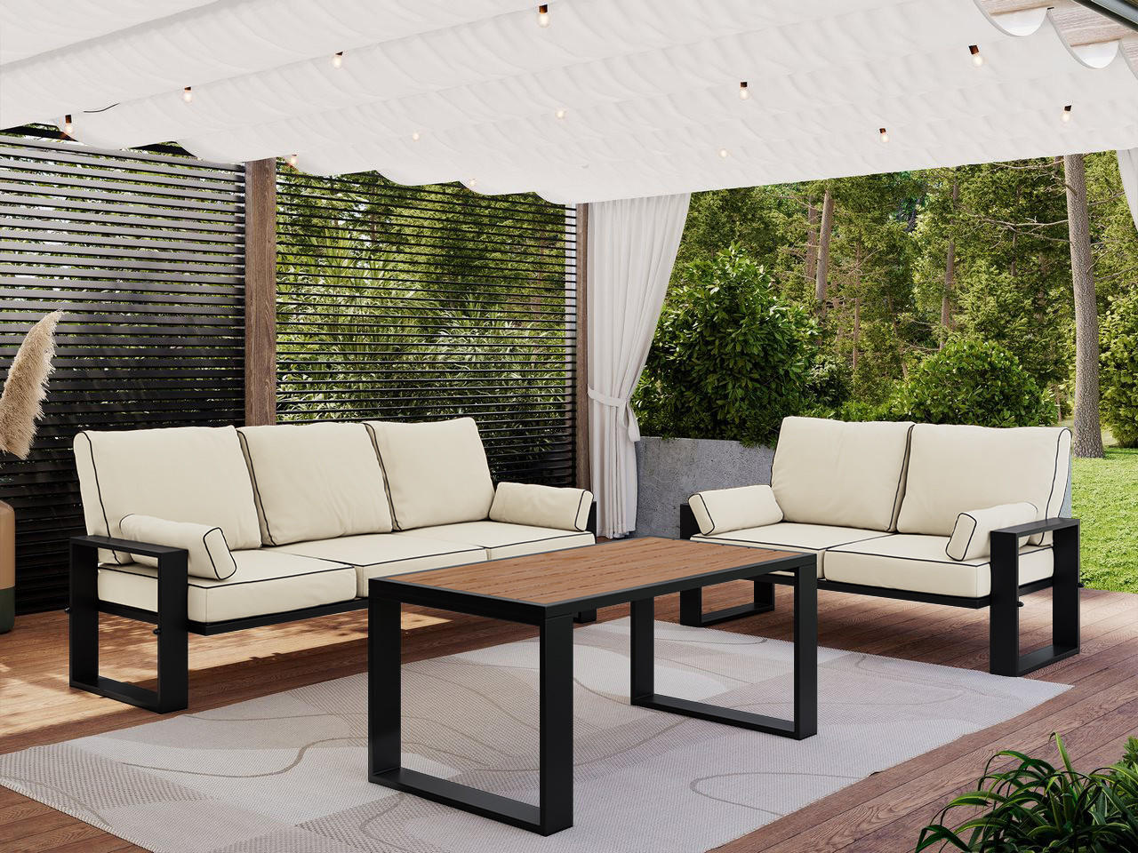 GARTENMÖBEL-SET ELBA:  1x Tisch, 2x Sofa - Beige - Beige, Textil - MKS