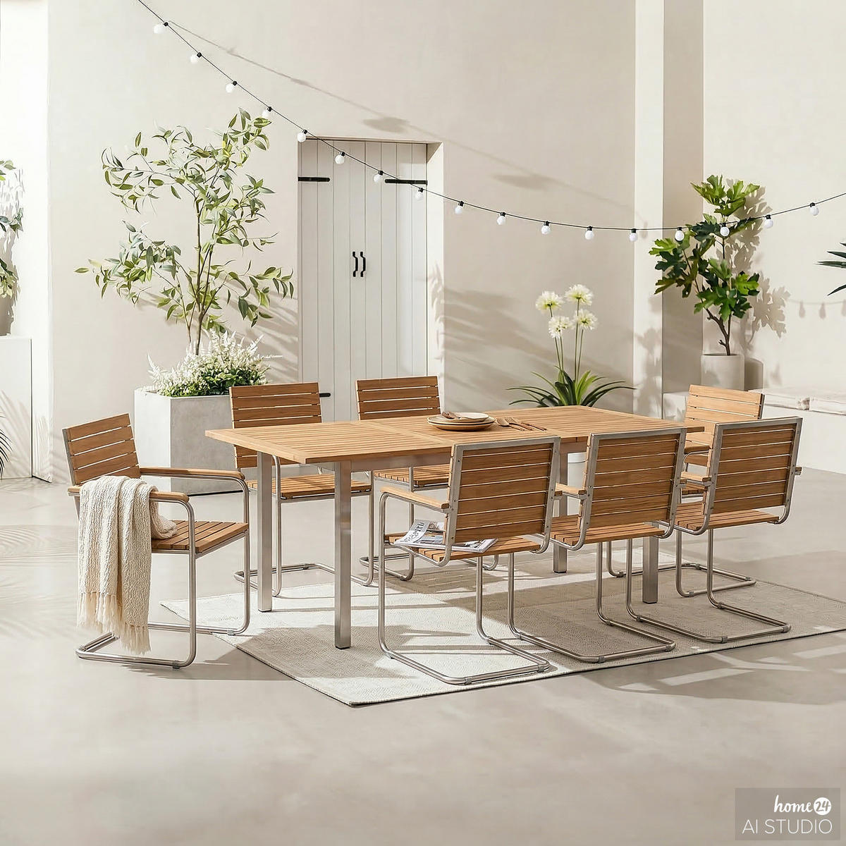 ESSGRUPPE - 9-teilig - Teak massiv / Edelstahl - Silberfarben/Braun, Holz/Metall - home24