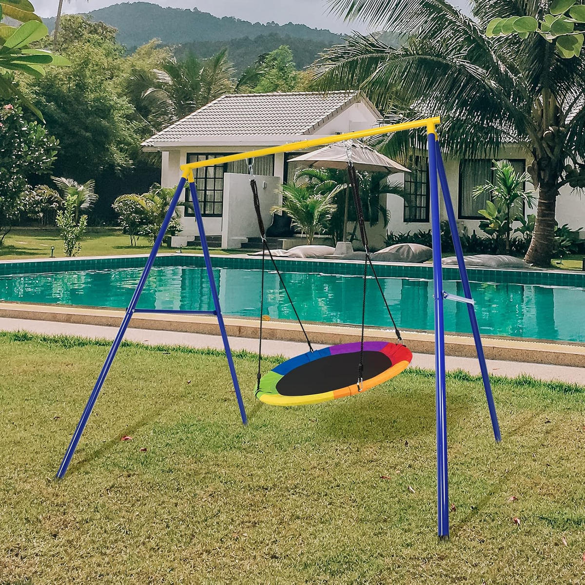KINDERSCHAUKEL Gelb-blau - Multicolor, Metall (196/180/185cm) - COSTWAY