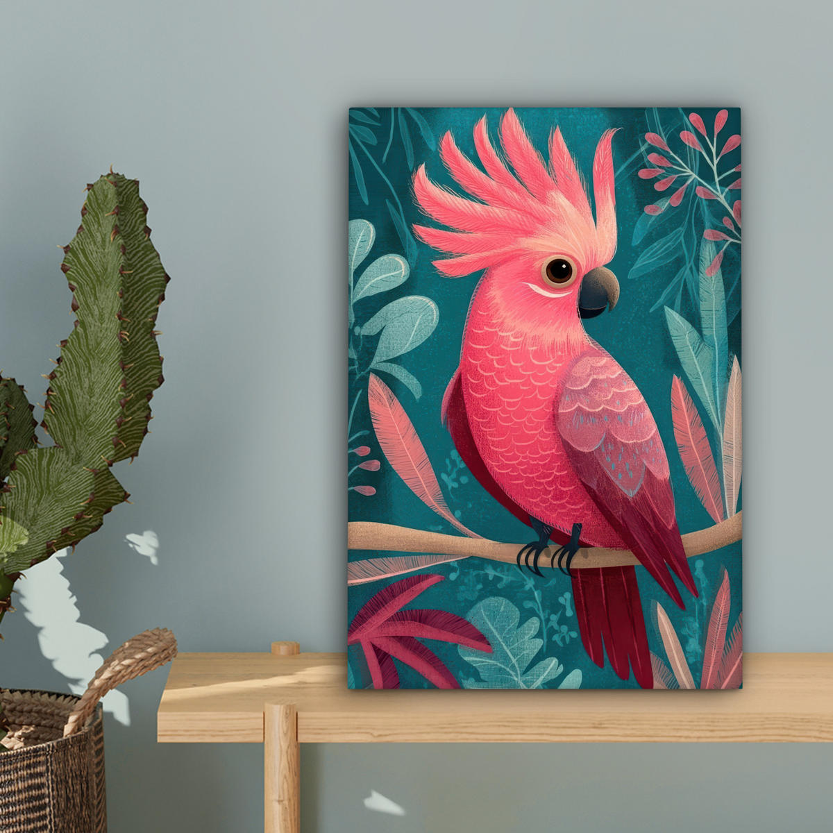 LEINWANDBILD Kakadu - Tropische Blätter - Zweig Deko Wohnzimmer 20x30 cm - Petrol, Textil (20/30cm) - MuchoWow