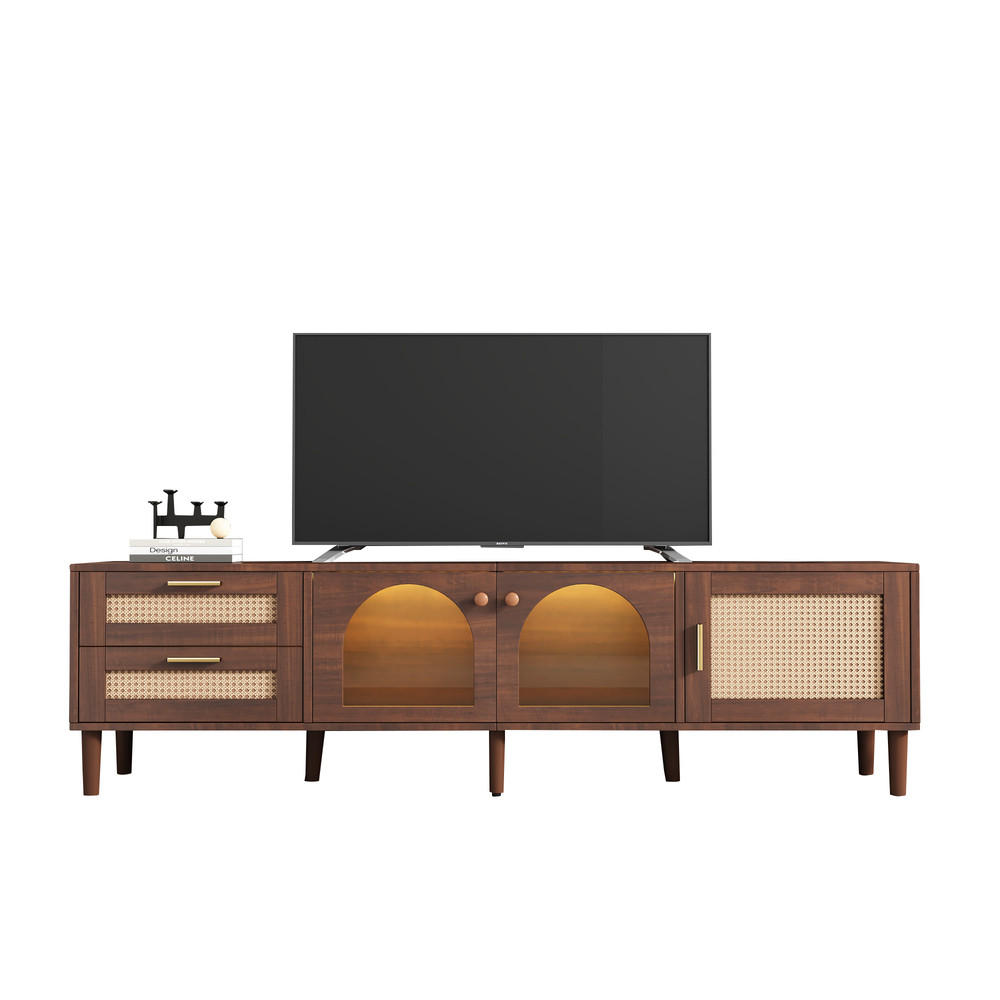 TV-SCHRANK 180cm Braun Rattan Glastüren LED-Beleuchtung bis 80 Zoll - Braun, Holz (40/50/180cm) - FLIEKS