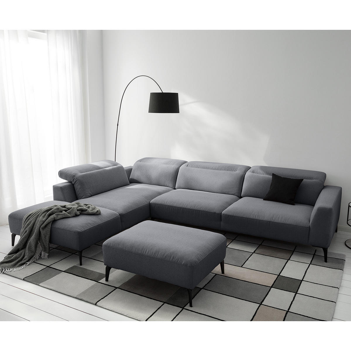 ECKSOFA mit Ottomane - Schwarz/Grau, Textil/Metall (325/238cm) - home24