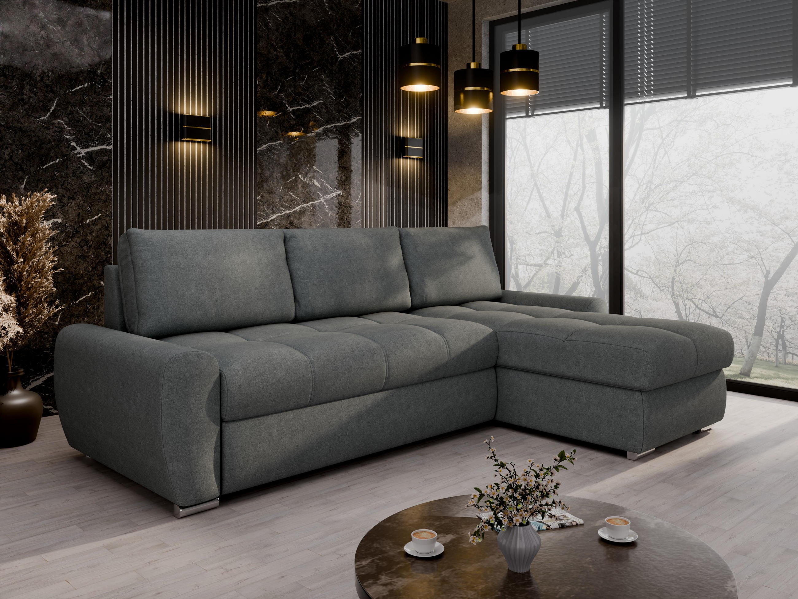 ECKSCHLAFSOFA Lunar Schlafsofa mit Bettkasten, Dunkelgrau - Dunkelgrau, Holz (237/166cm) - Panda Möbel