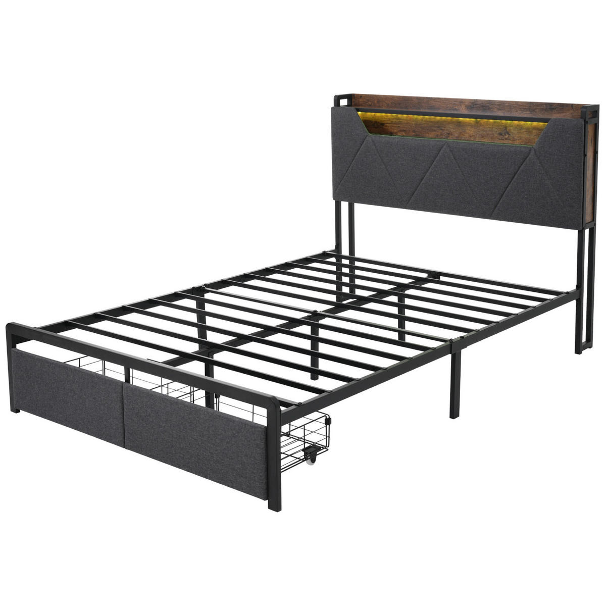 MULTIFUNKTIONSBETT 140/200 cm grau mit Stauraum-Kopfteil und LED-Beleuchtung - Grau, Textil (160/200cm) - OKWISH