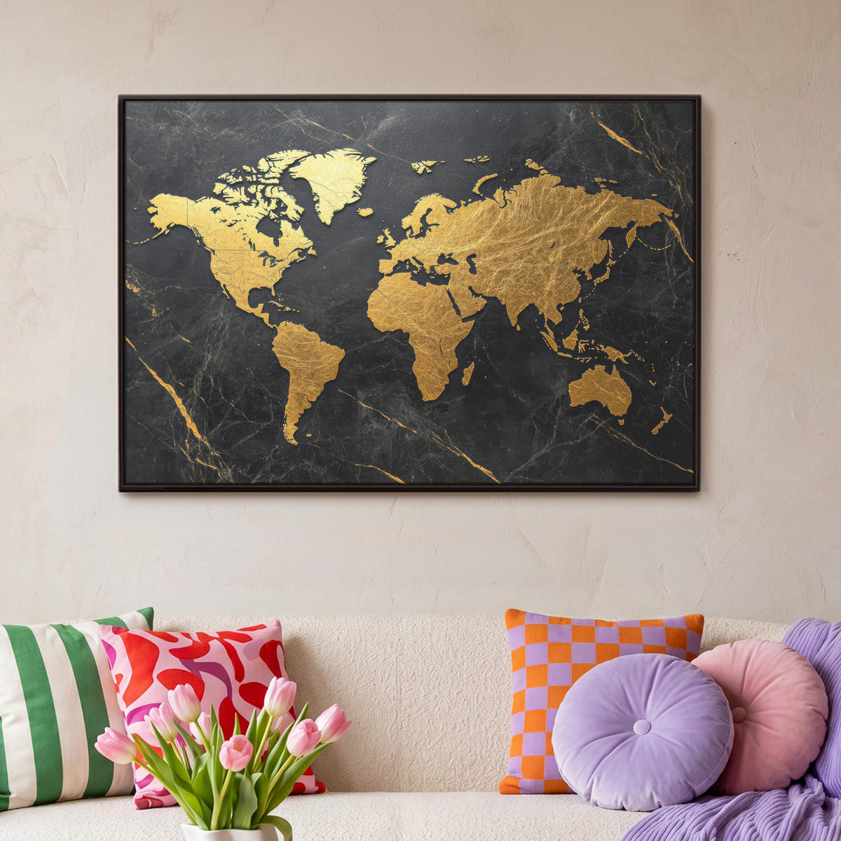 LEINWAND Bilder mit Rahmen - Weltkarte - Gold - Marmor - 90x60 - Goldfarben, Textil (90/60cm) - MuchoWow