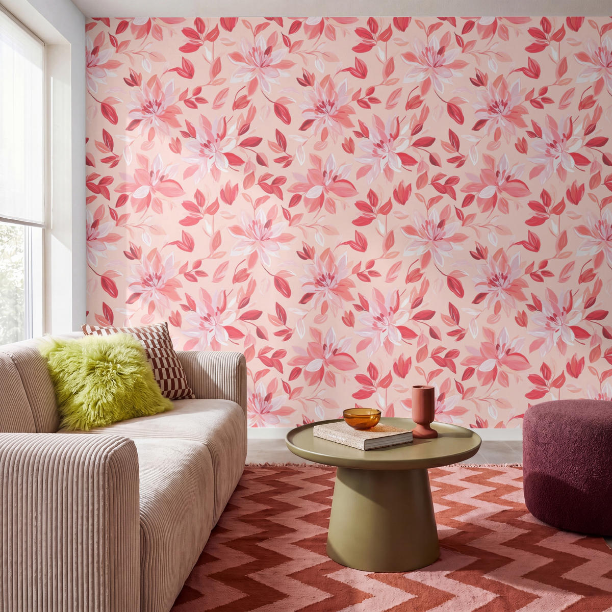 TAPETE - Botanisch - Blumen - Rot - 280x220 cm - Koralle, Papier (280/220cm) - OnlyWow