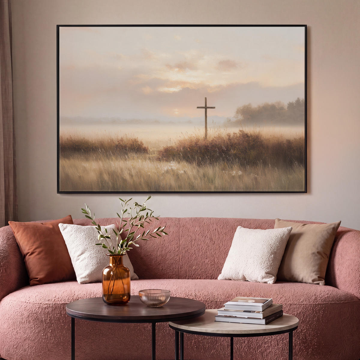 LEINWAND Bilder mit Rahmen - Gras - Morgennebel - Kreuz - Christentum - 140x90 - Beige, Textil (140/90cm) - MuchoWow