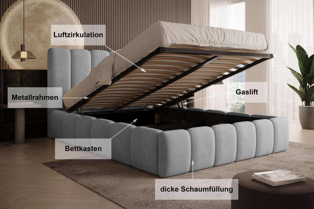 POLSTERBETT Vilo 200x200 mit Bettkasten und Stabilem Metallgestell - Hellgrau, Textil (200/200cm) - Storez24