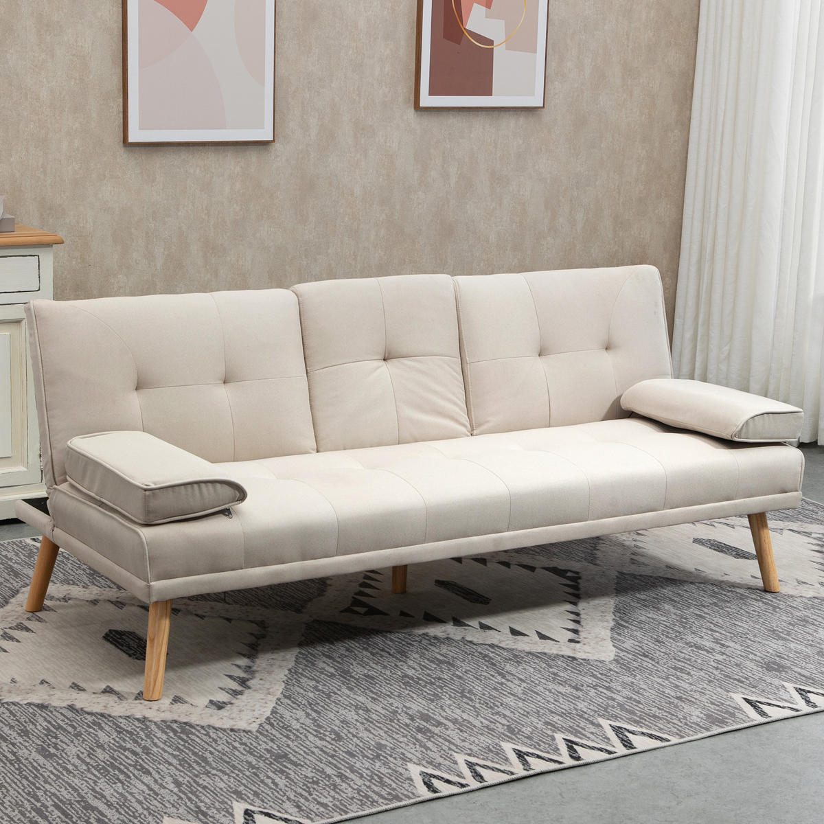 SCHLAFSOFA Sofabett Schlafcouch 3 Sitzer Leinen Beige - Beige/Naturfarben, Holz/Textil (77/78/181cm) - HOMCOM