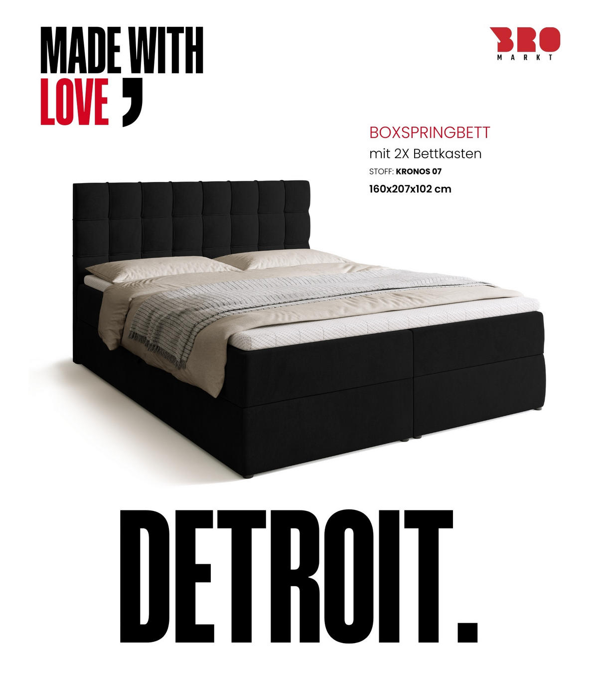 BOXBETT Detroit mit Topper 160/200 Schwarz - Schwarz, Holzwerkstoff/Textil (160/200cm) - Bromarkt