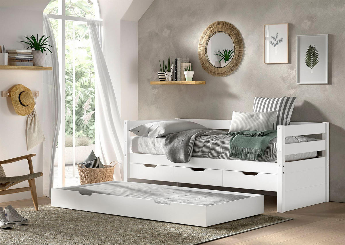 KOJENBETT Kelda 90x200 mit Bettschublade Kiefer Massivholz Weiß - Weiß, Holz (90/200cm) - 58aufmkessel