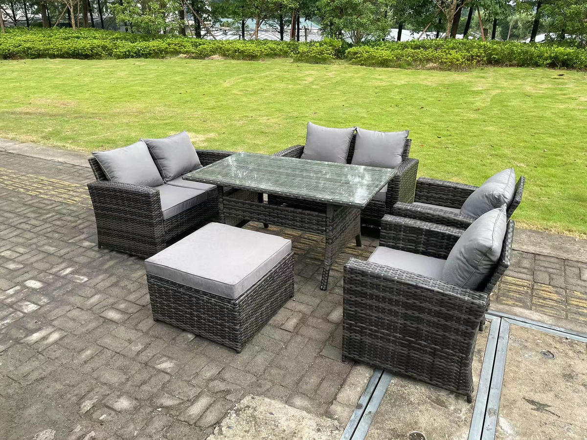 GARTENMÖBELGARNITUR mit Esstisch Polyrattan Dunkelgrau 7-Sitzer - Dunkelgrau/Grau, Glas/Kunststoff - Fimous
