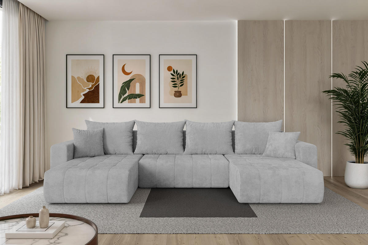 SEDACÍ SOUPRAVA DO U s funkcí spaní a úložným prostorem MILA-U 378x194x86 šedá manšestr - šedá/černá, kompozitní dřevo/textil (378/86/194cm) - ALTDECOR