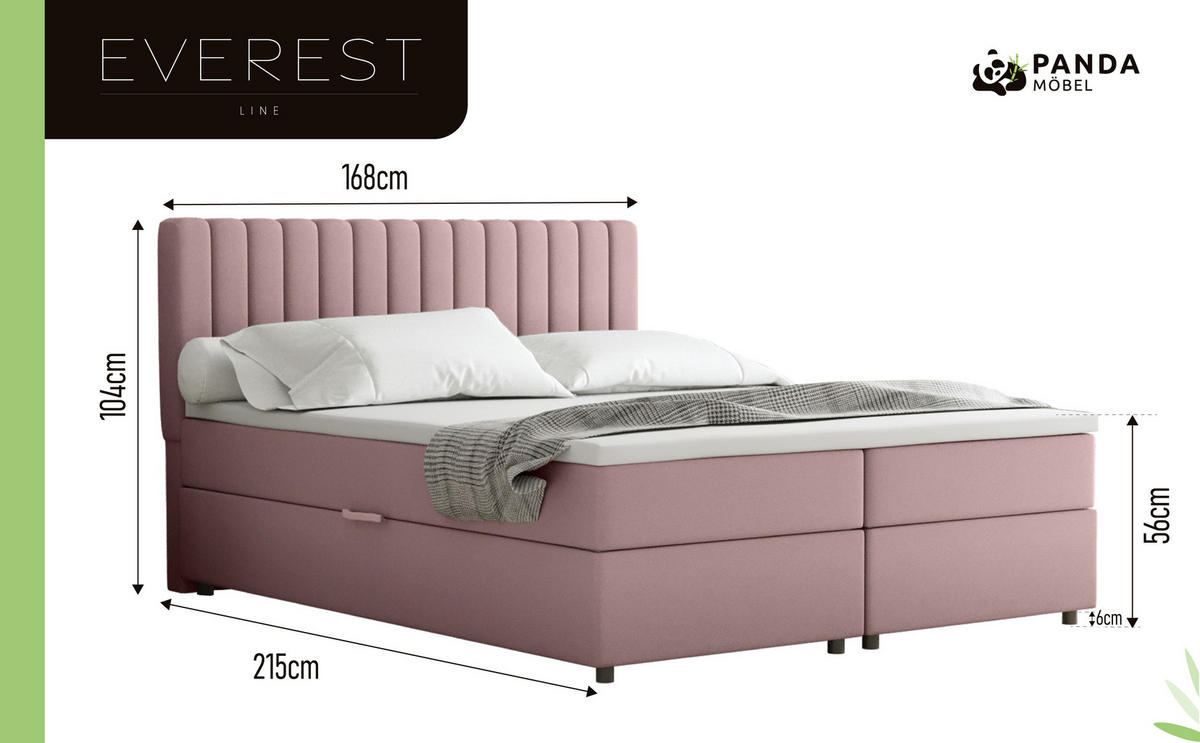 BOXBETT Everest rosa 160 x 200 cm Doppelbett mit hochwertiger Bonell-Matratze und Topper - Rosa, Holz (160/200cm) - Panda Möbel