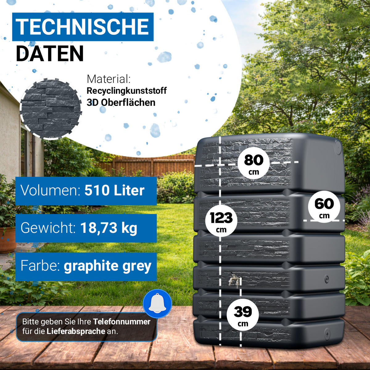 REGENTONNE Mauertank Komplett-Set 510 L, graphite grey inkl. Chrom-Doppelauslaufhahn und Fallrohranschluss - Grau, Kunststoff (60/123/80cm) - 4rain