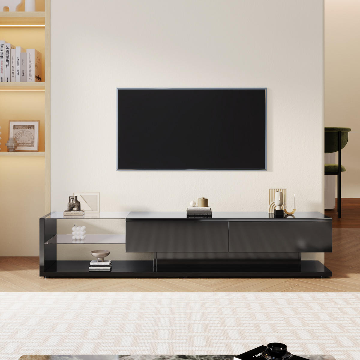 TV Lowboard LED, Glasregale, Hochglanz, Naturstil - Schwarz, Glas (133/17/46cm)