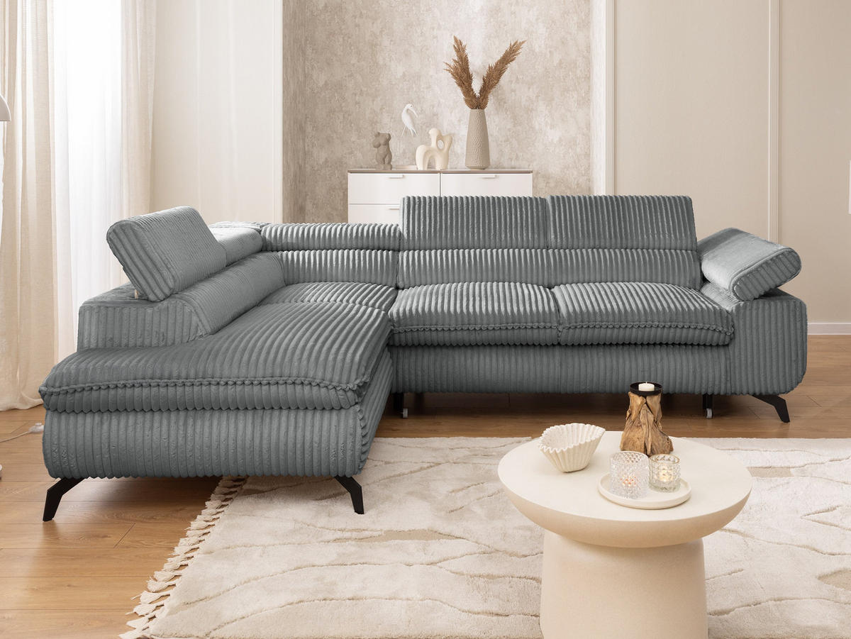ECKSOFA mit Schlaffunktion und Bettkasten Bonnie aus Grau Cord-Stoff mit verstellbaren Kopfstützen und Armlehne - Ottomane links - Schwarz/Grau, Holz/Textil (275/210cm) - S-Style Möbel